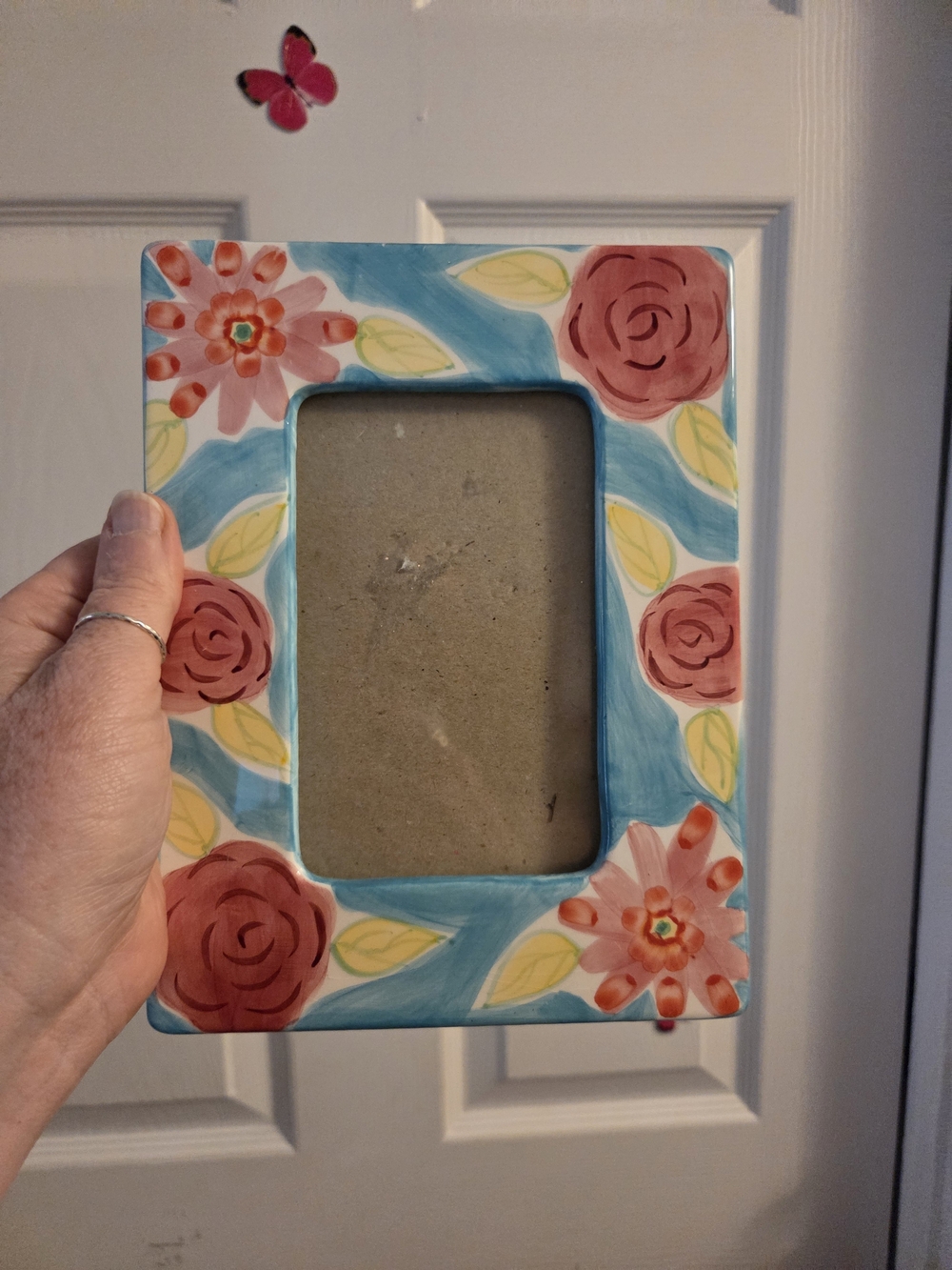 Eclectic Hand-Painted Floral Frame in Blue, Pink Flowers Boho